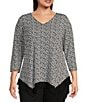 Color:Scrolling Ikat - Image 1 - Slim Factor by Investments Plus Size Scrolling Ikat V-Neck 3/4 Sleeve Handkerchief Top