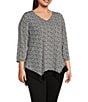 Color:Scrolling Ikat - Image 3 - Slim Factor by Investments Plus Size Scrolling Ikat V-Neck 3/4 Sleeve Handkerchief Top