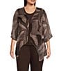 Color:Stippled Leaves - Image 1 - Slim Factor by Investments Plus Size Stippled Leaves Print 3/4 Sleeve Faux Cardigan Blouse