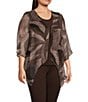 Color:Stippled Leaves - Image 3 - Slim Factor by Investments Plus Size Stippled Leaves Print 3/4 Sleeve Faux Cardigan Blouse