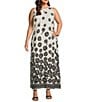Investments Slim Factor by Investments Plus Size Woodblock Daisy Print Sleeveless Crew Neck Maxi Dress, Color:Black/Egret Woodblock Daisy - Image 1