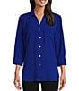 Color:Royal Blue - Image 1 - Slim Factor by Investments Point Collar Y-Neck 3/4 Sleeve Patch Pocket Button Front Top