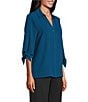 Investments Slim Factor by Investments Nicole Point Collar Y-Neck 3/4 Tie Sleeve Button Front Top, Color:Sailor Blue - Image 3