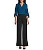 Investments Slim Factor by Investments Nicole Point Collar Y-Neck 3/4 Tie Sleeve Button Front Top, Color:Sailor Blue - Image 5