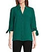 Investments Slim Factor by Investments Nicole Point Collar Y-Neck 3/4 Tie Sleeve Button Front Top, Color:Aventurine - Image 1