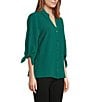 Investments Slim Factor by Investments Nicole Point Collar Y-Neck 3/4 Tie Sleeve Button Front Top, Color:Aventurine - Image 3