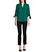 Investments Slim Factor by Investments Nicole Point Collar Y-Neck 3/4 Tie Sleeve Button Front Top, Color:Aventurine - Image 5