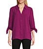 Investments Slim Factor by Investments Nicole Point Collar Y-Neck 3/4 Tie Sleeve Button Front Top, Color:Magenta Purple - Image 1