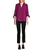 Investments Slim Factor by Investments Nicole Point Collar Y-Neck 3/4 Tie Sleeve Button Front Top, Color:Magenta Purple - Image 5