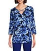Color:Royal Bouquet - Image 1 - Slim Factor by Investments Royal Bouquet Print V Neck Criss Cross 3/4 Sleeve Knit Top