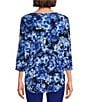 Color:Royal Bouquet - Image 2 - Slim Factor by Investments Royal Bouquet Print V Neck Criss Cross 3/4 Sleeve Knit Top