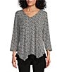Color:Scrolling Ikat - Image 1 - Slim Factor by Investments Scrolling Ikat V-Neck 3/4 Sleeve Handkerchief Top