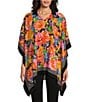 Color:Watercolor Roses - Image 1 - Slim Factor by Investments Watercolor Roses Point Collared V-Neck 3/4 Sleeve Poncho Top
