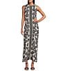 Investments Slim Factor by Investments Woodblock Daisy Print Sleeveless Crew Neck Maxi Dress, Color:Black/Egret Woodblock Daisy - Image 1