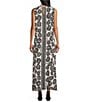 Investments Slim Factor by Investments Woodblock Daisy Print Sleeveless Crew Neck Maxi Dress, Color:Black/Egret Woodblock Daisy - Image 2