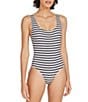 Color:Blackout X Marshmallow - Image 1 - The Anne-Marie Scoop Neck Open Back Striped One Piece Swimsuit