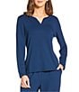 Cabernet Solid French Terry Split Round Neck Long Sleeve Coordinating Sleep Top, Color:Pageant Blue - Image 1