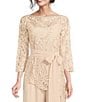Color:Champagne - Image 3 - Asymmetrical Baroque Floral Lace Top 3/4 Sleeve Boat Neck Bodice Pant Set