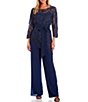Color:Navy - Image 1 - Asymmetrical Baroque Boat Neck 3/4 Sleeve Lace Top Bodice Pant Set