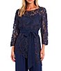 Color:Navy - Image 3 - Asymmetrical Baroque Boat Neck 3/4 Sleeve Lace Top Bodice Pant Set
