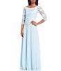 Color:Crystal Blue - Image 1 - Embroidered Floral Lace Bodice 3/4 Sleeve Square Neck Gown