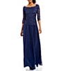 Color:Navy - Image 1 - Embroidered Floral Lace Bodice 3/4 Sleeve Square Neck Gown