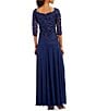 Color:Navy - Image 2 - Embroidered Floral Lace Bodice 3/4 Sleeve Square Neck Gown