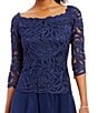 Color:Navy - Image 3 - Embroidered Floral Lace Bodice 3/4 Sleeve Square Neck Gown