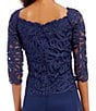 Color:Navy - Image 4 - Embroidered Floral Lace Bodice 3/4 Sleeve Square Neck Gown