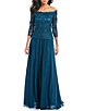 Color:Ocean - Image 1 - Embroidered Floral Lace Bodice 3/4 Sleeve Square Neck Gown