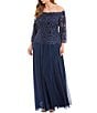 Color:Navy - Image 1 - Plus Size Off-the-Shoulder 3/4 Sleeve Beaded Bodice Lace Gown