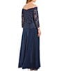 Color:Navy - Image 2 - Plus Size Off-the-Shoulder 3/4 Sleeve Beaded Bodice Lace Gown