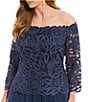 Color:Navy - Image 3 - Plus Size Off-the-Shoulder 3/4 Sleeve Beaded Bodice Lace Gown