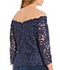 Color:Navy - Image 4 - Plus Size Off-the-Shoulder 3/4 Sleeve Beaded Bodice Lace Gown