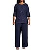 Color:Navy - Image 1 - Plus Size 3/4 Sleeve Sequin Embroidered Pant Set