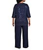 Color:Navy - Image 2 - Plus Size 3/4 Sleeve Sequin Embroidered Pant Set