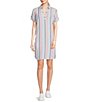 Color:Classic White - Image 1 - Kamryn Linen Stripe Print Collar V-Neck Short Sleeve Relaxed Performance High-Low Shift Dress
