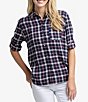 Color:Nautical Navy - Image 1 - Niki Chilly Morning Plaid Long Sleeve Button Front Shirt
