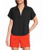 SPANX Collared Split V-Neck Drop Shoulder Short Sleeve Woven Blouse - Image 1