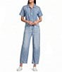 SPANX Denim Collared Short Sleeve Button Front Ankle Length Barrel Leg Jumpsuit - Image 1