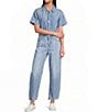SPANX Denim Collared Short Sleeve Button Front Ankle Length Barrel Leg Jumpsuit - Image 3