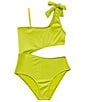 Color:Neo Lime - Image 1 - Big Girls 7-16 One Shoulder Monokini Bow Detail One Piece Set