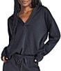 Color:Navy - Image 1 - Cassie Point Collar V-Neck Long Sleeve Terry Polo Pullover