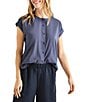 Color:Ash Navy - Image 1 - Chloe Woven Crew Neck Short Rolled Cuff Sleeve Button Front Blouse