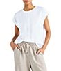 Color:White - Image 1 - Chloe Woven Crew Neck Short Rolled Cuff Sleeve Button Front Blouse