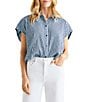 Color:Navy/White - Image 1 - Gabrielle Crinkle Gingham Collar Neck Short Sleeve Button Front Top
