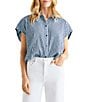 Splendid Gabrielle Crinkle Gingham Collar Neck Short Sleeve Button Front Top, Color:Navy/White - Image 1