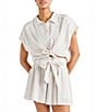 Splendid Gabrielle Crinkle Gingham Collar Neck Short Sleeve Button Front Top, Color:White Sand/White - Image 1