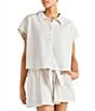 Splendid Gabrielle Crinkle Gingham Collar Neck Short Sleeve Button Front Top, Color:White Sand/White - Image 3
