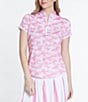Color:Pink Sand - Image 1 - Cloud Camo Print Quarter Zip Neckline Short Sleeve Top
